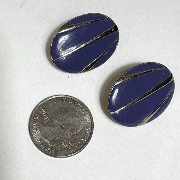 Purple Enamel and Gold Tone Vintage Earrings, Retro 80s Oval Clip On Statement - Picture 5 of 6